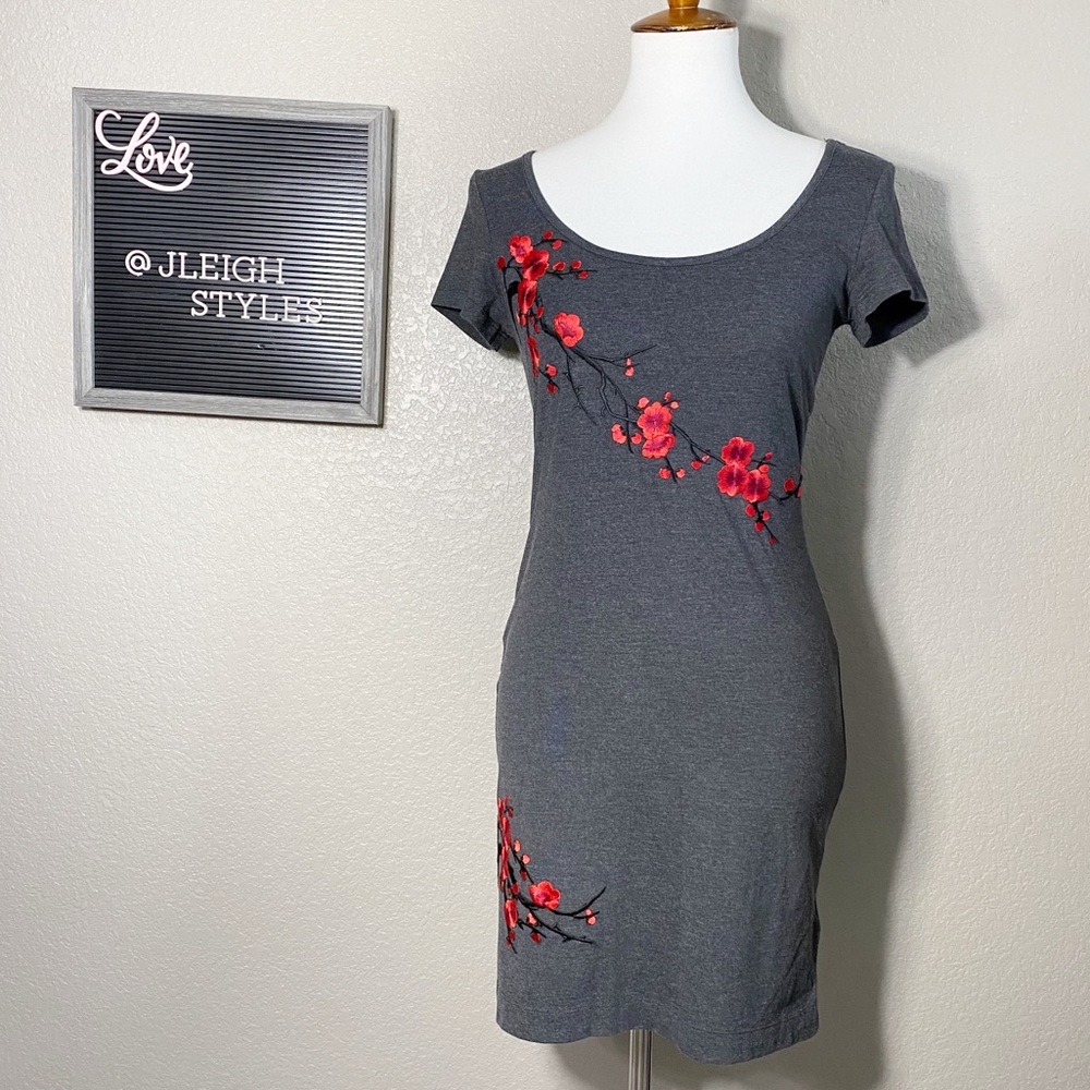 Custom Red Cherry Blossoms Gray Mini Knit Dress Sm